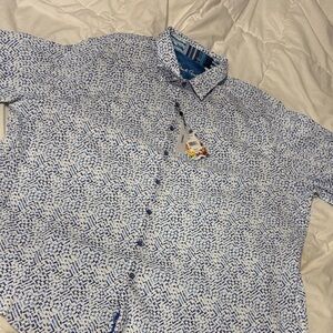 Robert Graham White and Blue Geometric Button Down Shirt Stretch Short Sleeve